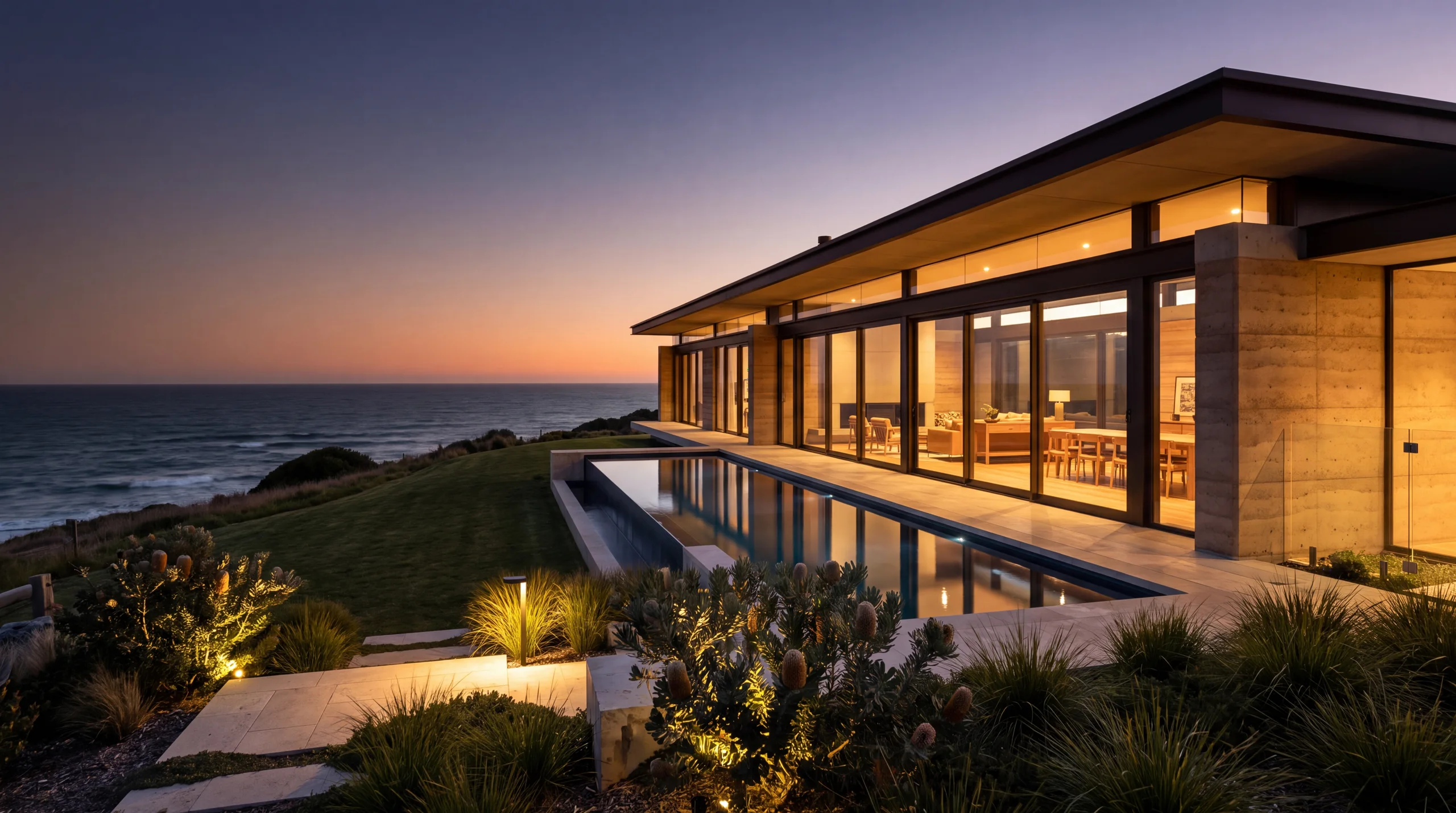 The Perch at dusk — a rammed-earth and glass pavilion with a pool on the cliff edge