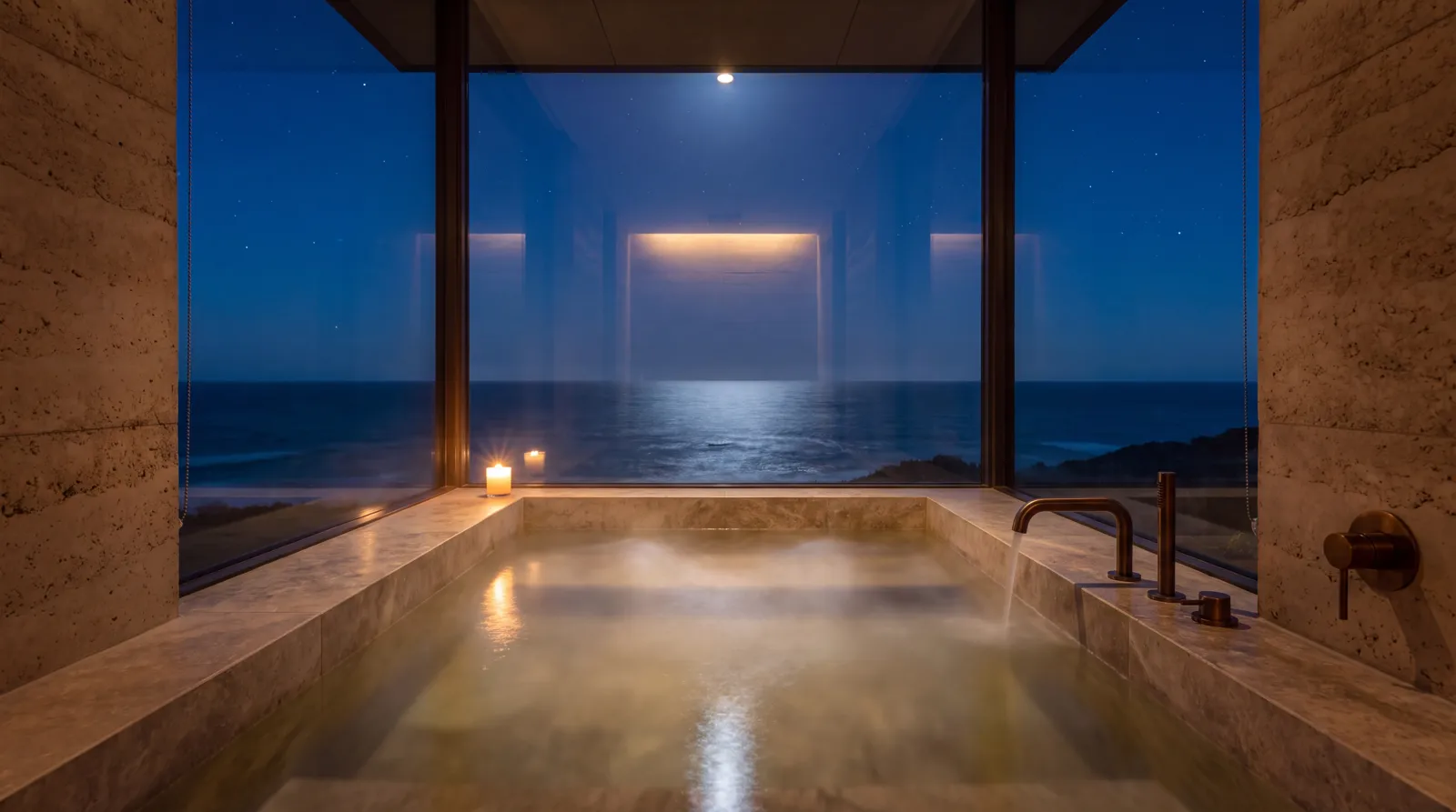 The stone bath at the cliff edge under the stars