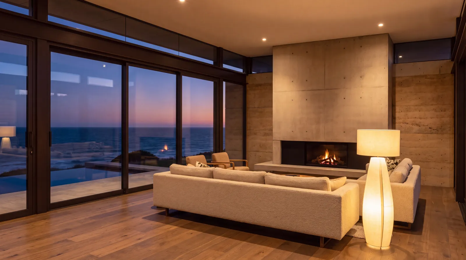 The great room at dusk — fire, boucle sofa and a wall of glass to the sea