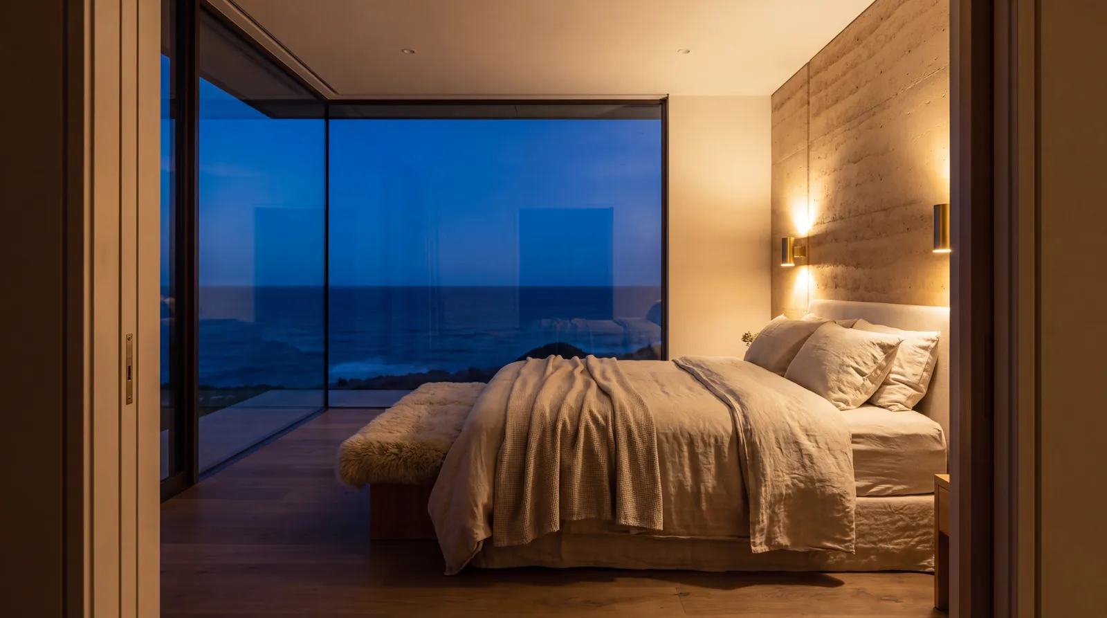 The main suite at nightfall, bed facing the glass corner